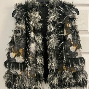 Anna Sui Black and Gold Textured Teddy Jacket